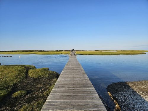 גשר העץ Sandwich Boardwalk בקייפ קוד מוביל לכיוון הים